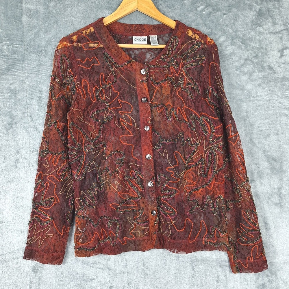 Chicos Top Womens 1 Medium Floral Lace Button Up Embroidered Sheer Boho Artsy